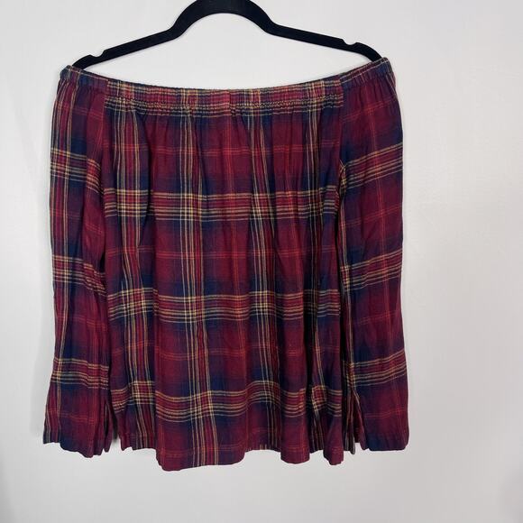 Cloth & Stone XSmall XS Red Blue Plaid Off The Shoulder Blouse Top Long Sleeve - Picture 2 of 7